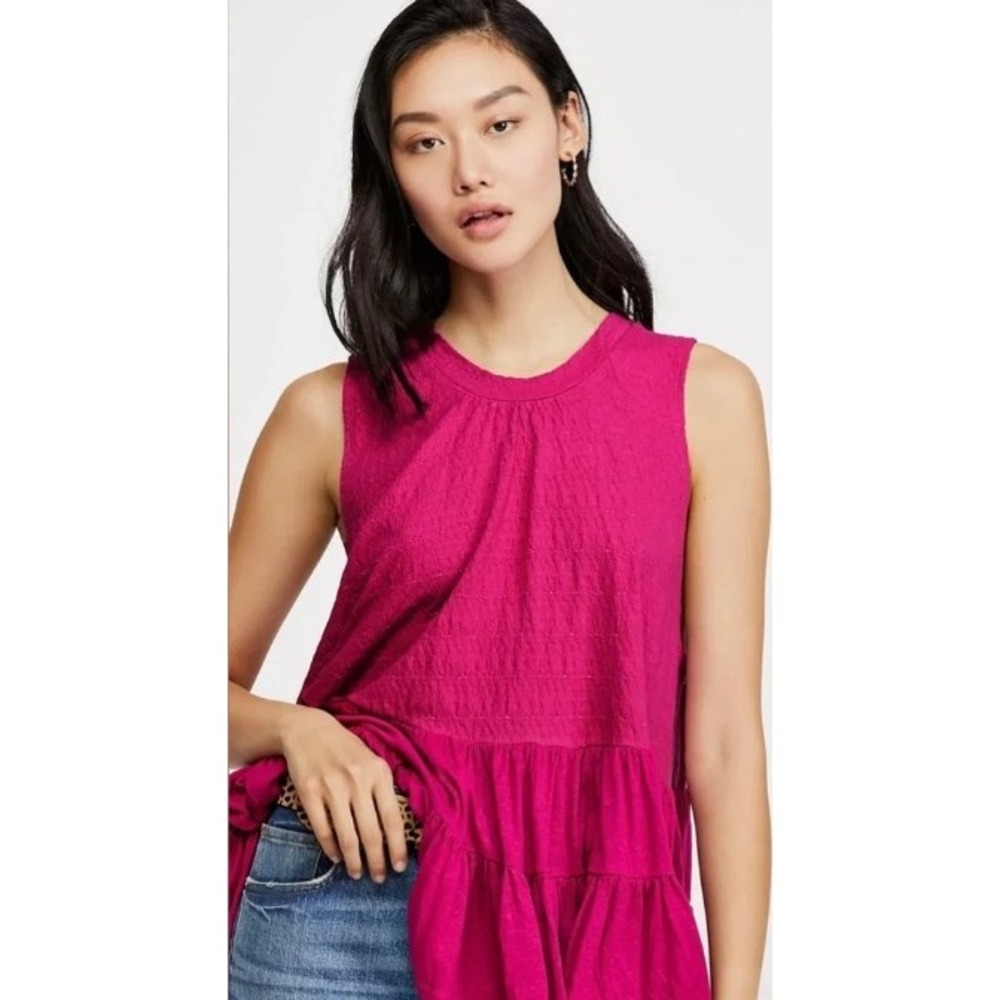 Free People Magenta Pink Slub Knit Tiered Babydoll Tunic Tank Top Open Back S